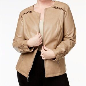 Alfani Women's Beige Ruffle-Trim Faux-Leather Jacket